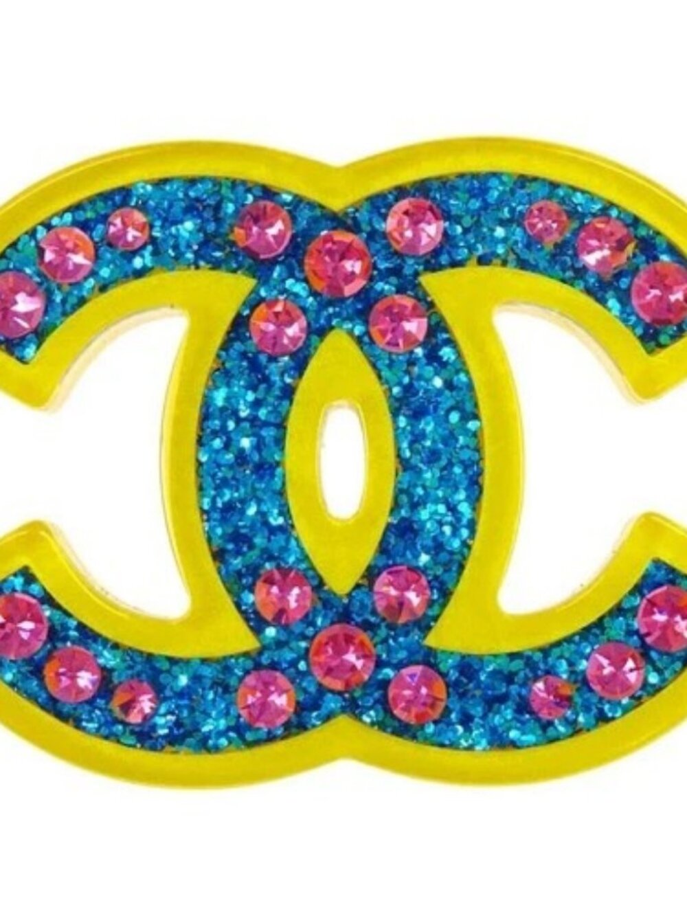 Chanel CC Brooch Pin Yellow Blue Acrylic Glitter 18C 168139